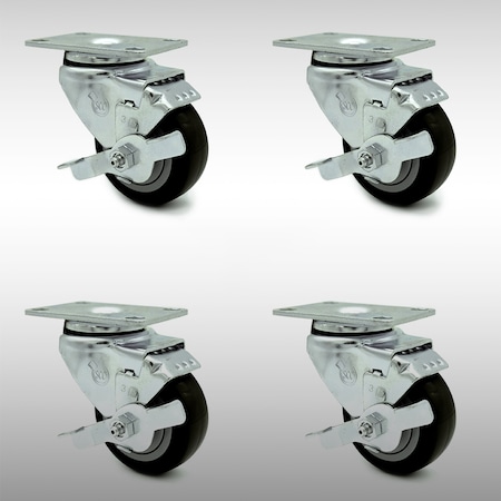 Service Caster 3 Inch SS Black Polyurethane Swivel Top Plate Caster Set with Brake SCC SCC-SS20S314-PPUB-BLK-TLB-4